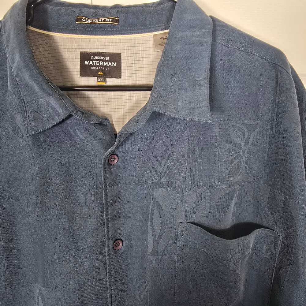 Quiksilver Waterman Collection Mens XXL Blue Gray Tonal Jacquard Tropical Shirt